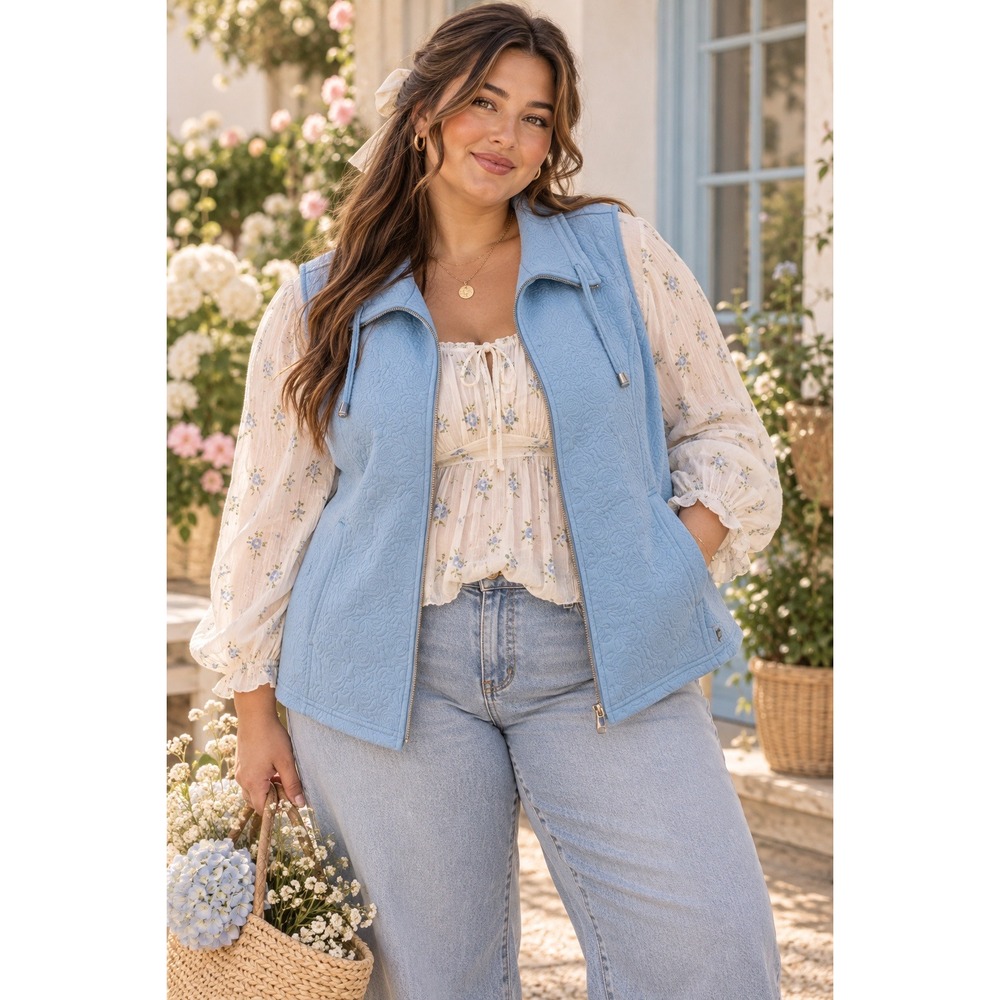 cj banks Vest Women 1X Light Blue Floral Matelassé Zip Up Textured Casual